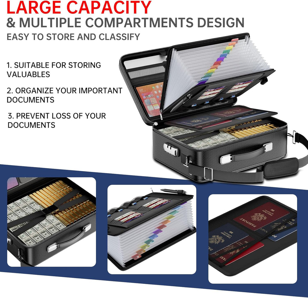 Tamfile Fireproof Document Box, Hard-Shell Case 5200°F Fireproof Water Safe File Box with Lock, 8-Layer Fireproof Safe File Organizer for Important Documents, Valuables, Laptop, Passports (Black)