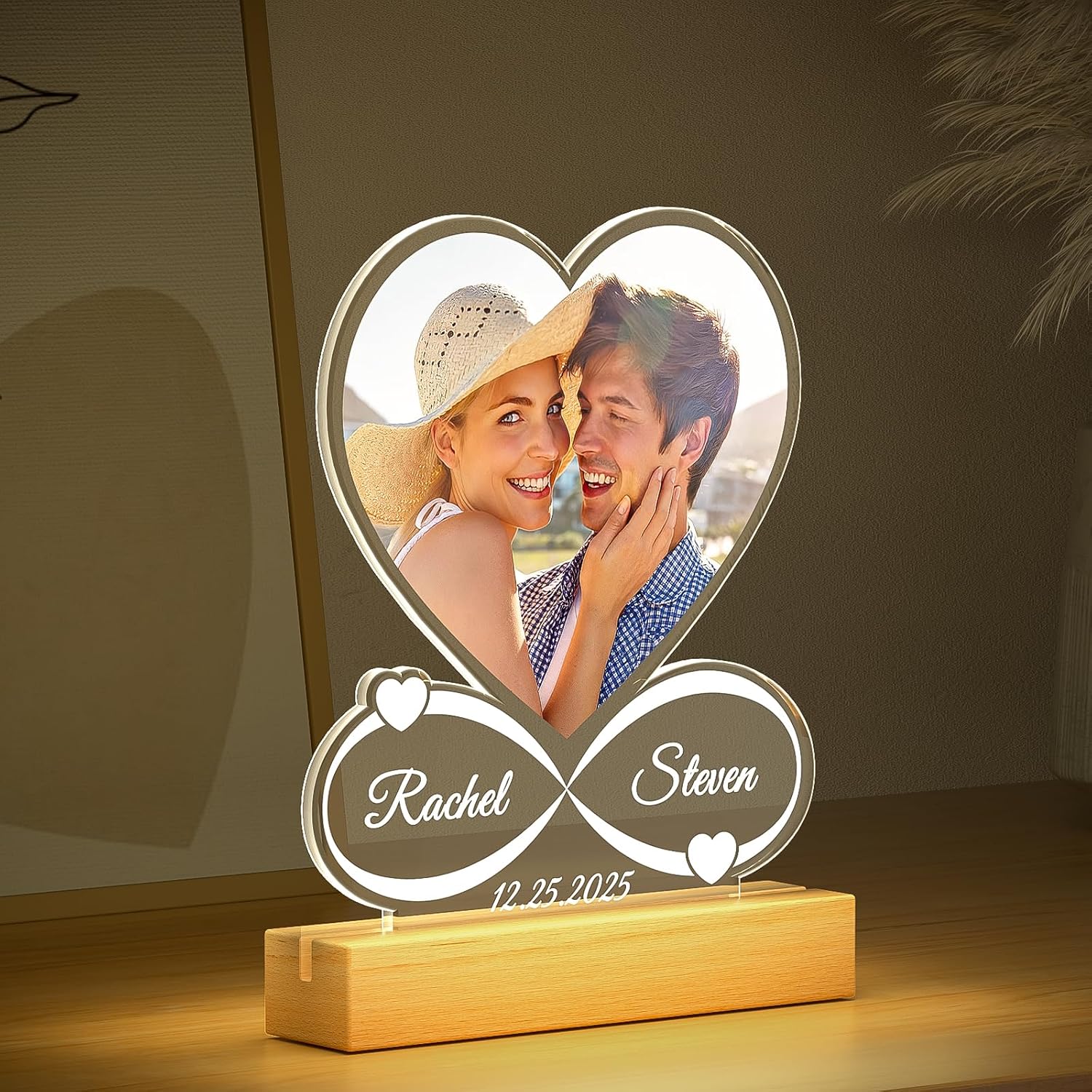 Custom Picture Frames with Photo, Custom Photo Frame with Night Light, Personalized Picture Frame, Personalized Anniversary Valentines Day Gifts for Women Men Him Her Girlfriend Boyfriend Couple Wife