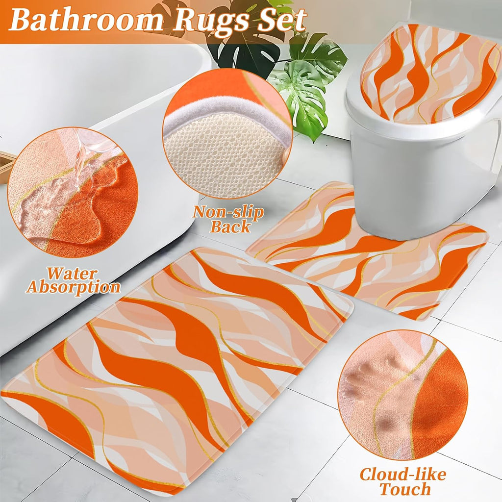 Bathroom Set - Orange and Gold Bathroom Accessories, Bathroom Sets with Shower Curtain and Rugs, Orange Shower Curtain Set with Bathroom Trash Can, Soap Dispenser, Soap Dish for Home Decor