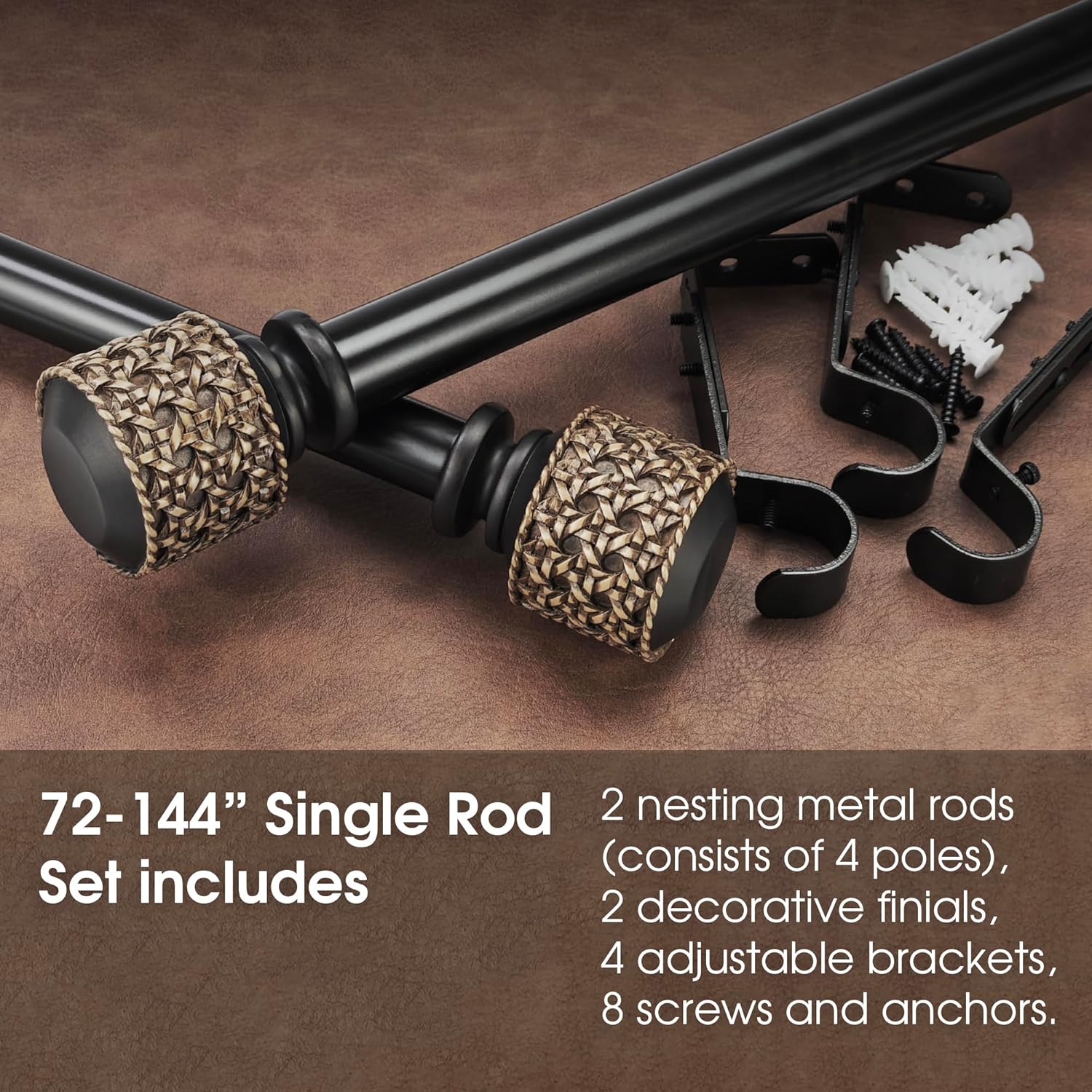 1-1/8 Inch Diameter Dark Bronze Curtain Rods with Faux Rattan Cane Woven Finials, 72-144'' Telescoping Single Curtain Rods for window width 68-140 inch, 1 pack