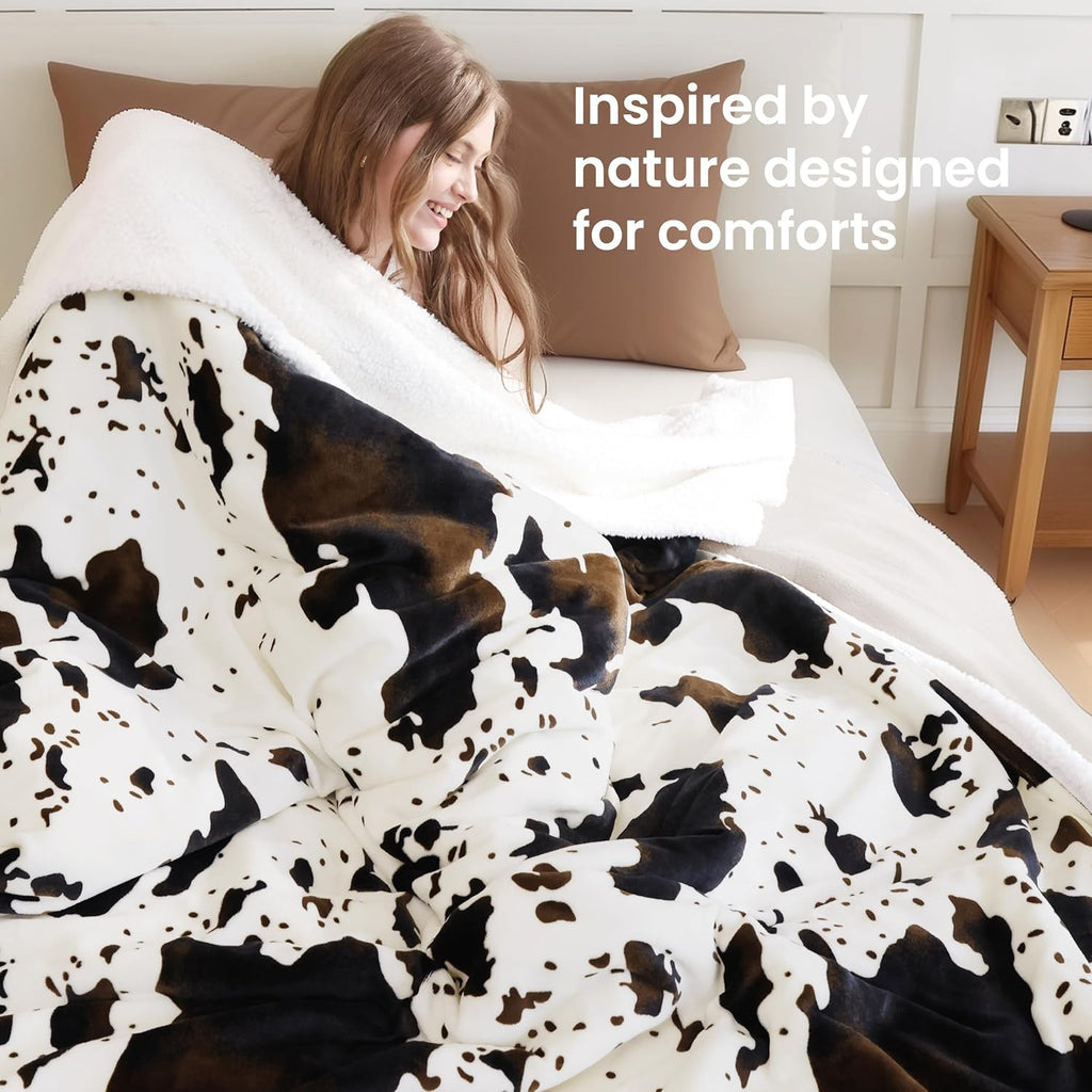 Cow Print Heated Blanket Full-Heating Electric Blanket Full with 10 Heat Levels & 10 Hours Auto-Off, Cozy Soft Fleece Sherpa, Washable, 72 x 84 Inches Cow Print White