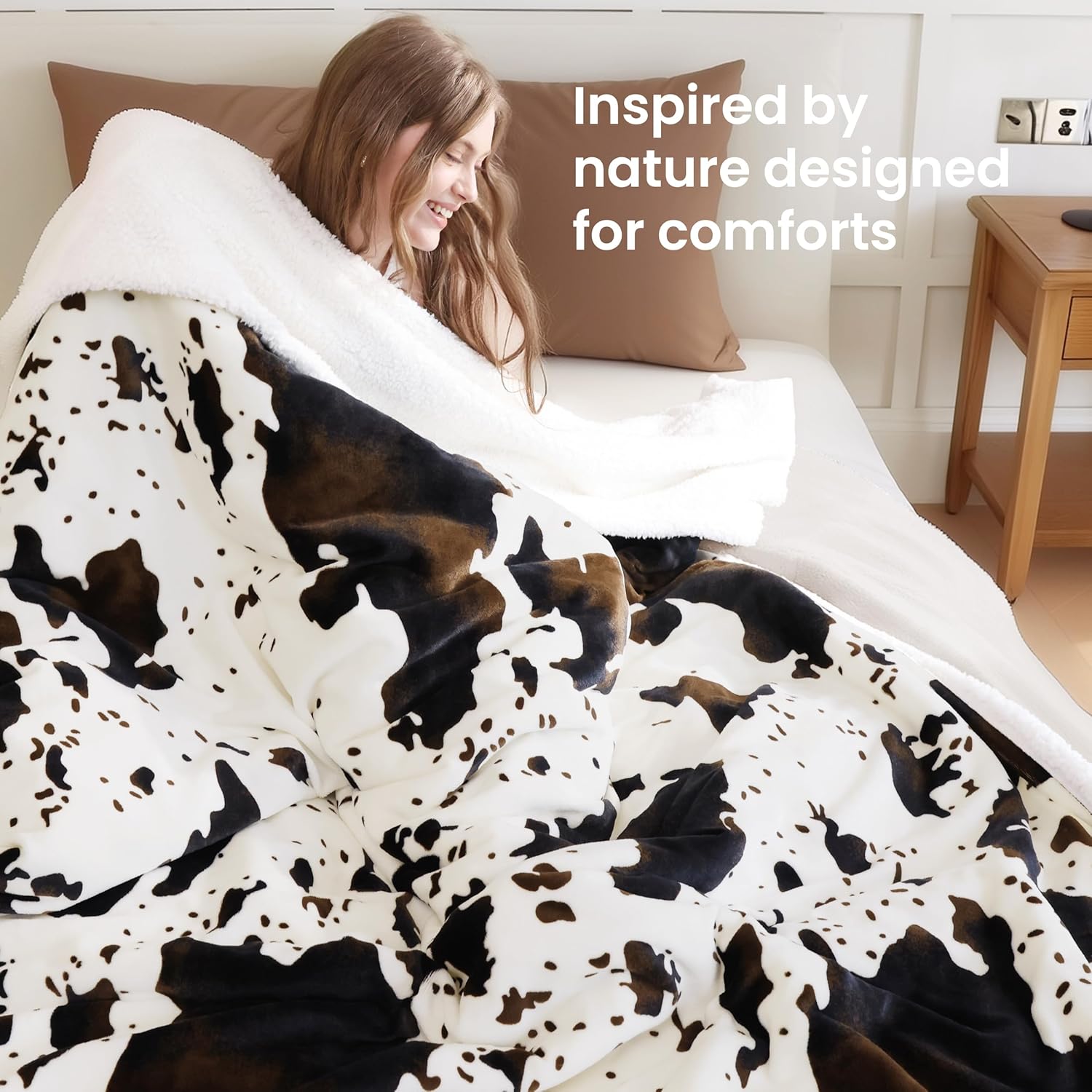 Cow Print Heated Blanket Full-Heating Electric Blanket Full with 10 Heat Levels & 10 Hours Auto-Off, Cozy Soft Fleece Sherpa, Washable, 72 x 84 Inches Cow Print White