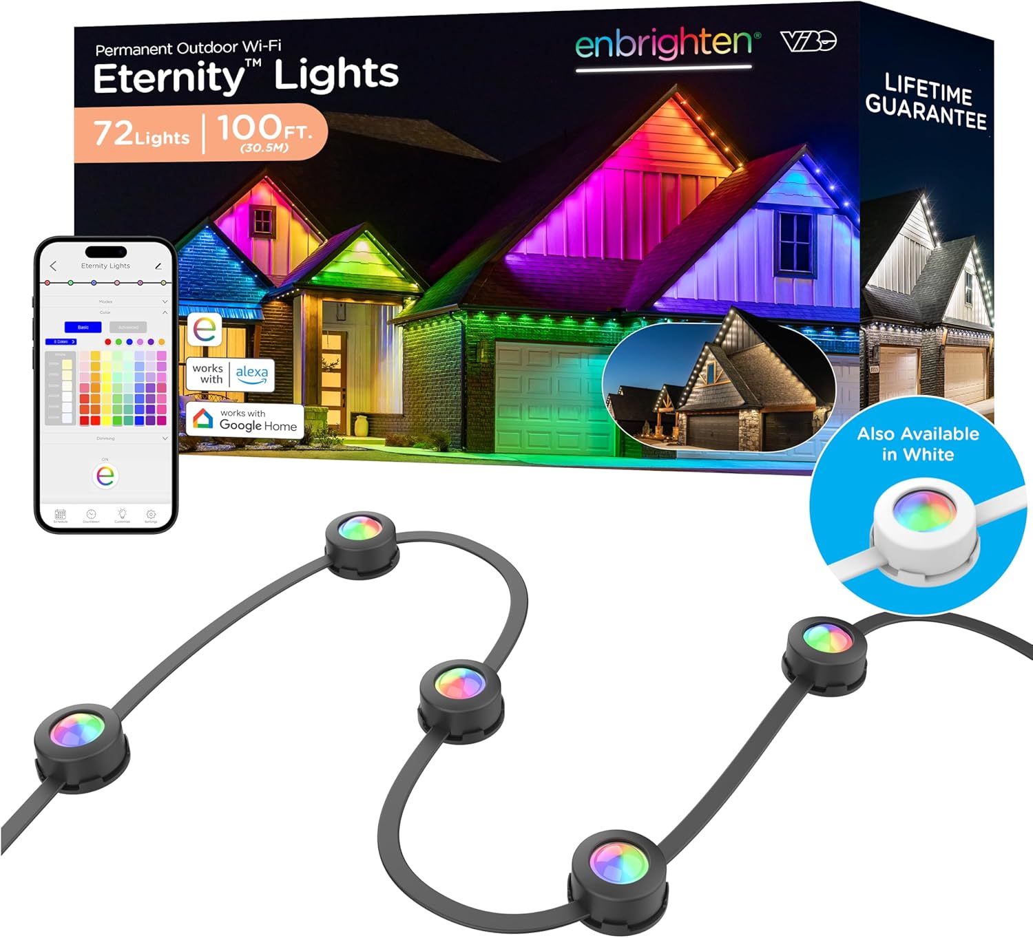 Enbrighten Vibe Eternity Permanent Outdoor Lights for House, 100 Feet, 72 RGBWIC LEDs, Close Spacing, 33lm, Color Changing, Christmas, Eave Lighting, Smart App, Works with Alexa, Google Home, 82730