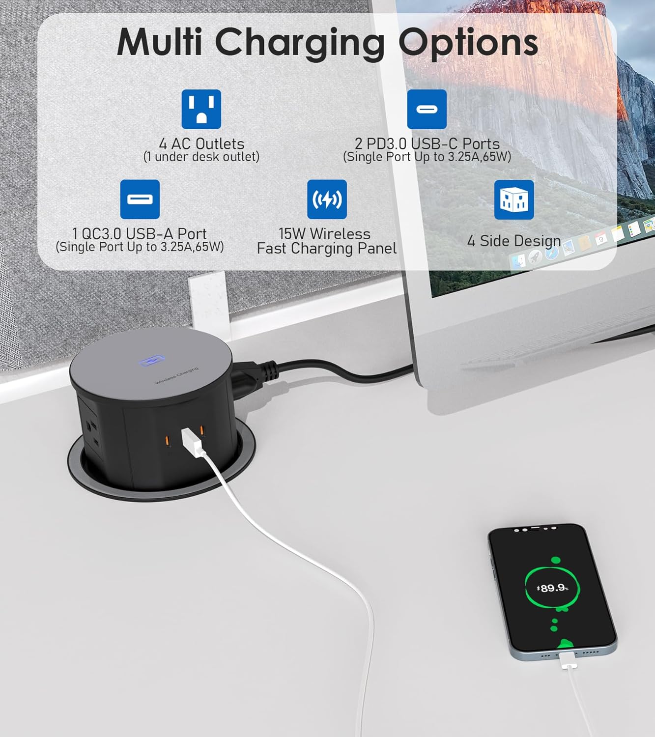 ANNQUAN 4.75" Pop Up Outlet with 65W USB-C,15W Wireless Charger,4 Outlets,3 USB Ports,Pop Up Countertop Receptacle Outlet for Home Office Kitchen