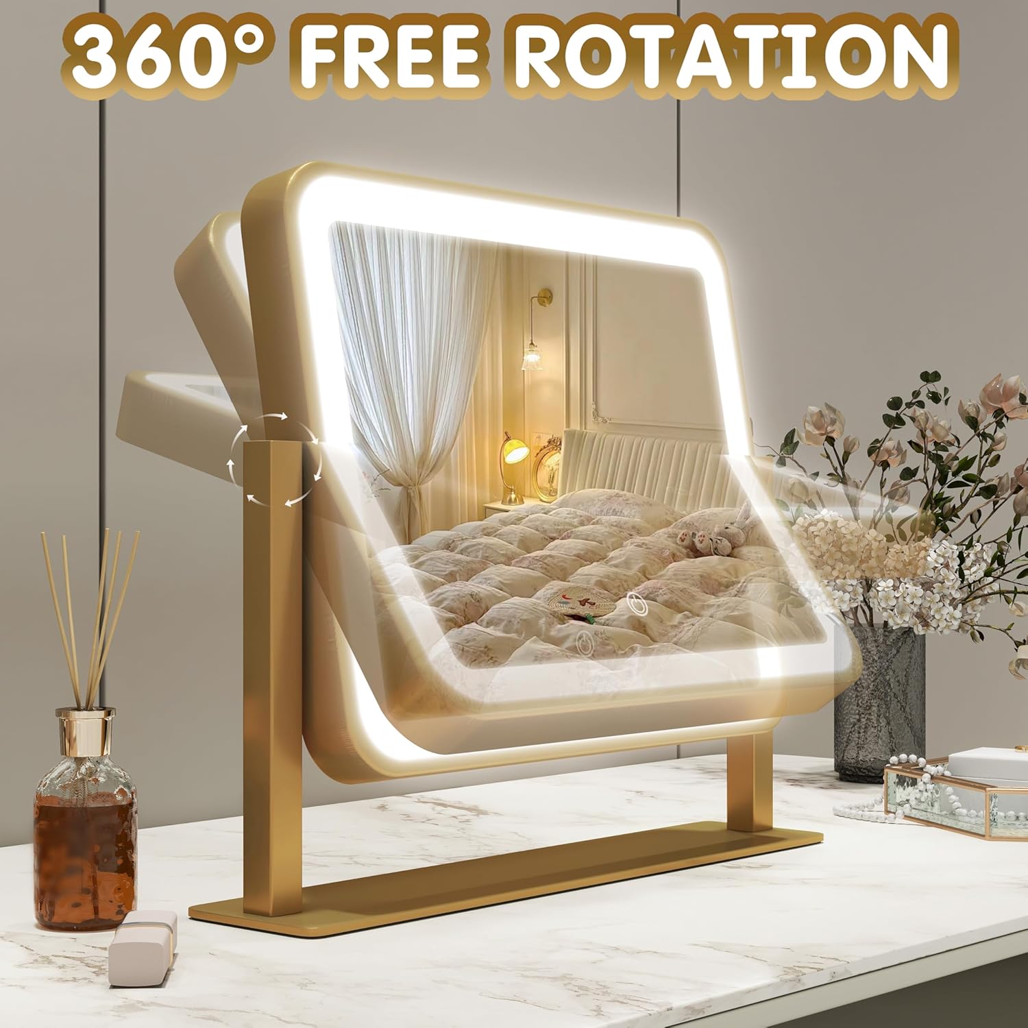 FENNIO Vanity Mirror with Lights 14x12 Inch - Makeup Mirror with Lights Tabletop, 3-Color Dimmable Lighted Mirror, Touch Control Desktop Mirror for Women (Gold)
