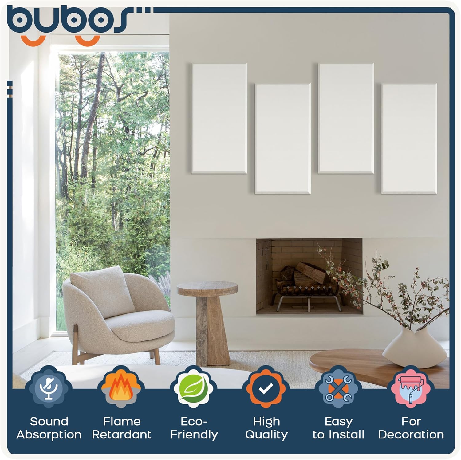 BUBOS 4 PCS Acoustic Panels,23.6''x11.8'' Fabric Soundproof Wall Panels,Self-adhesive Sound Absorbing Panels for Studios, Office, Home Theater, Fabric-Clad Off-White