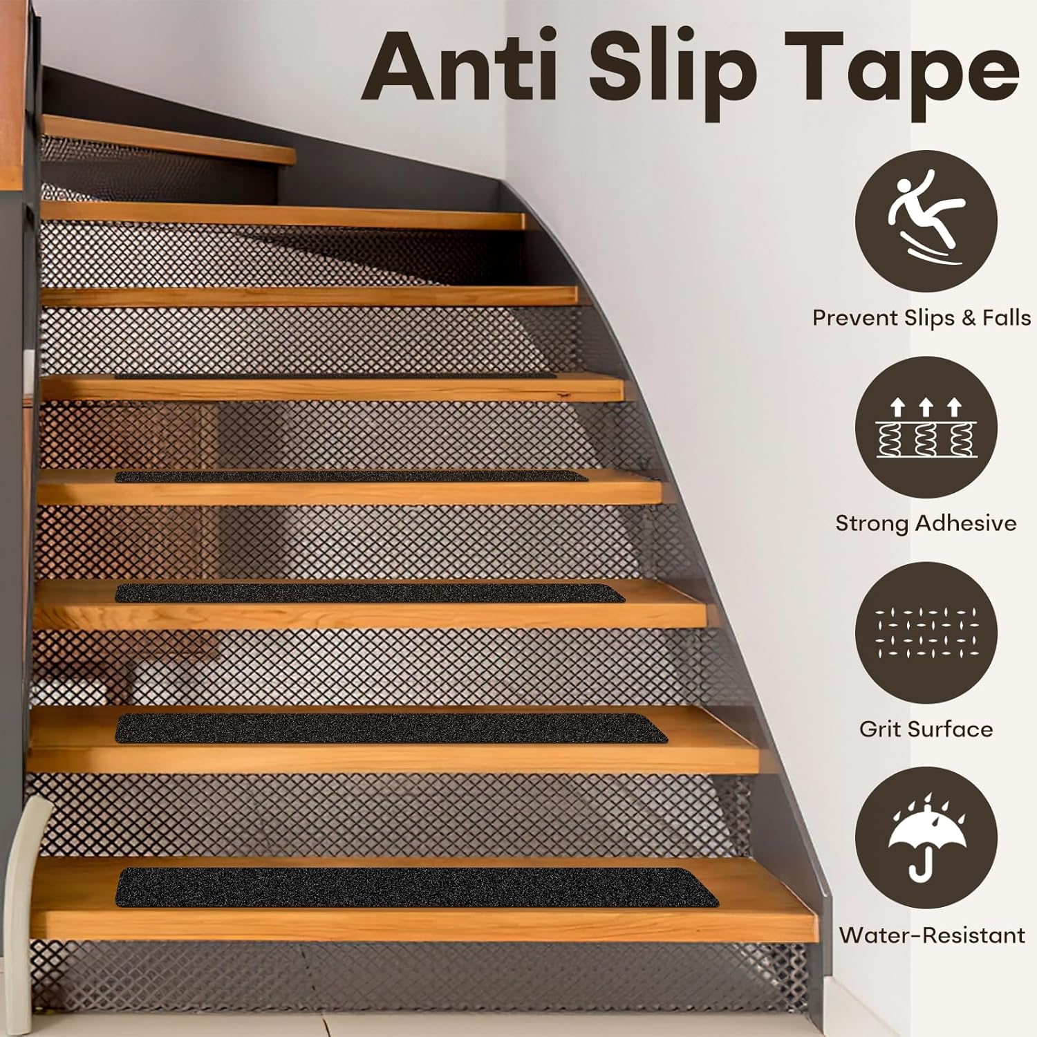 Non Slip Tape 4 inch X 30 inch (10-Pack) - Outdoor Waterproof Non Skid Tape, Stair Treads Anti Slip Tape for Step, Deck, Pre-Cut Anti Slip Tape, Black with Roller
