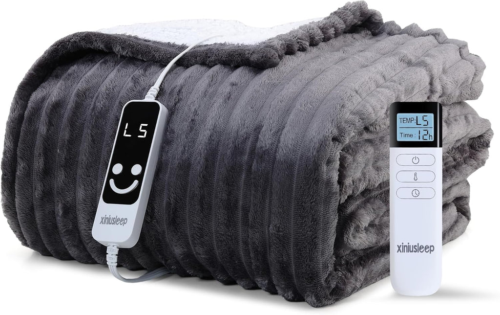 Heated Blanket Electric Blanket 50"x60", Soft Flannel Sherpa Electric Throw with 5 Heating Level & 12 Times Setting, Heated Throw with Overheating Protection, Machine Washable (Grey)