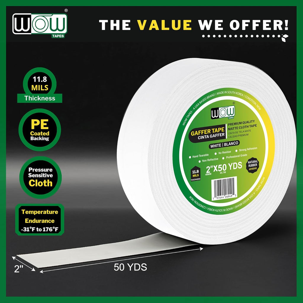 Wow Gaffers Tape 2 Inch White - 50 Yards, Residue Free, Non-Reflective & Heavy-Duty - Professional Grade Gaff Tape - Ideal for Photography Backdrop, Cables, Cords & Floor Taping