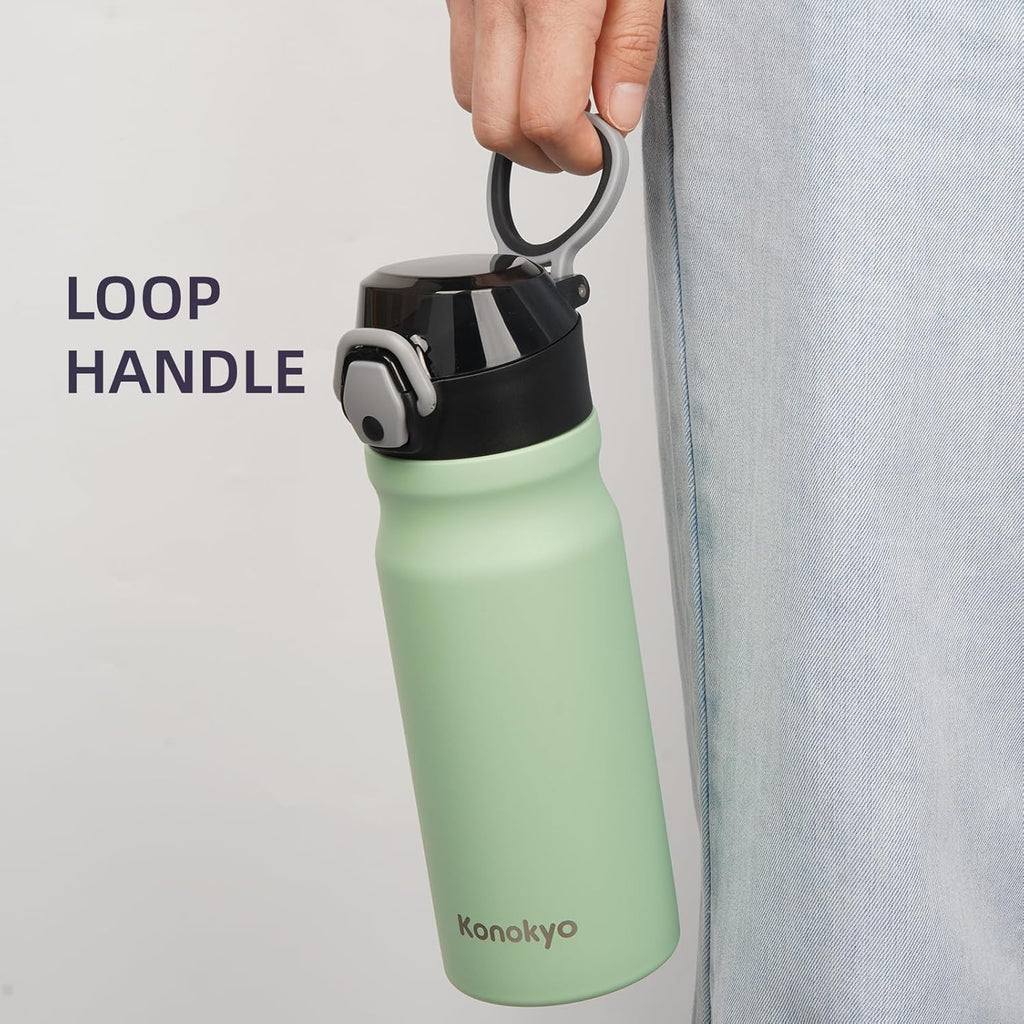 Insulated Water Bottle with Straw and Carry Loop,18 oz Stainless Steel Double Wall Vaccum Metal Water Flask with Leak-proof Lid, Avocado Green