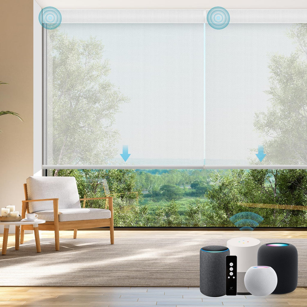 SmartWings Motorized Smart Roller Shades in Light Filtering, Electric Blinds with Remote for Windows Compatible with Alexa/Google Home/Homekit, Customized, 3% Openness Aventus White