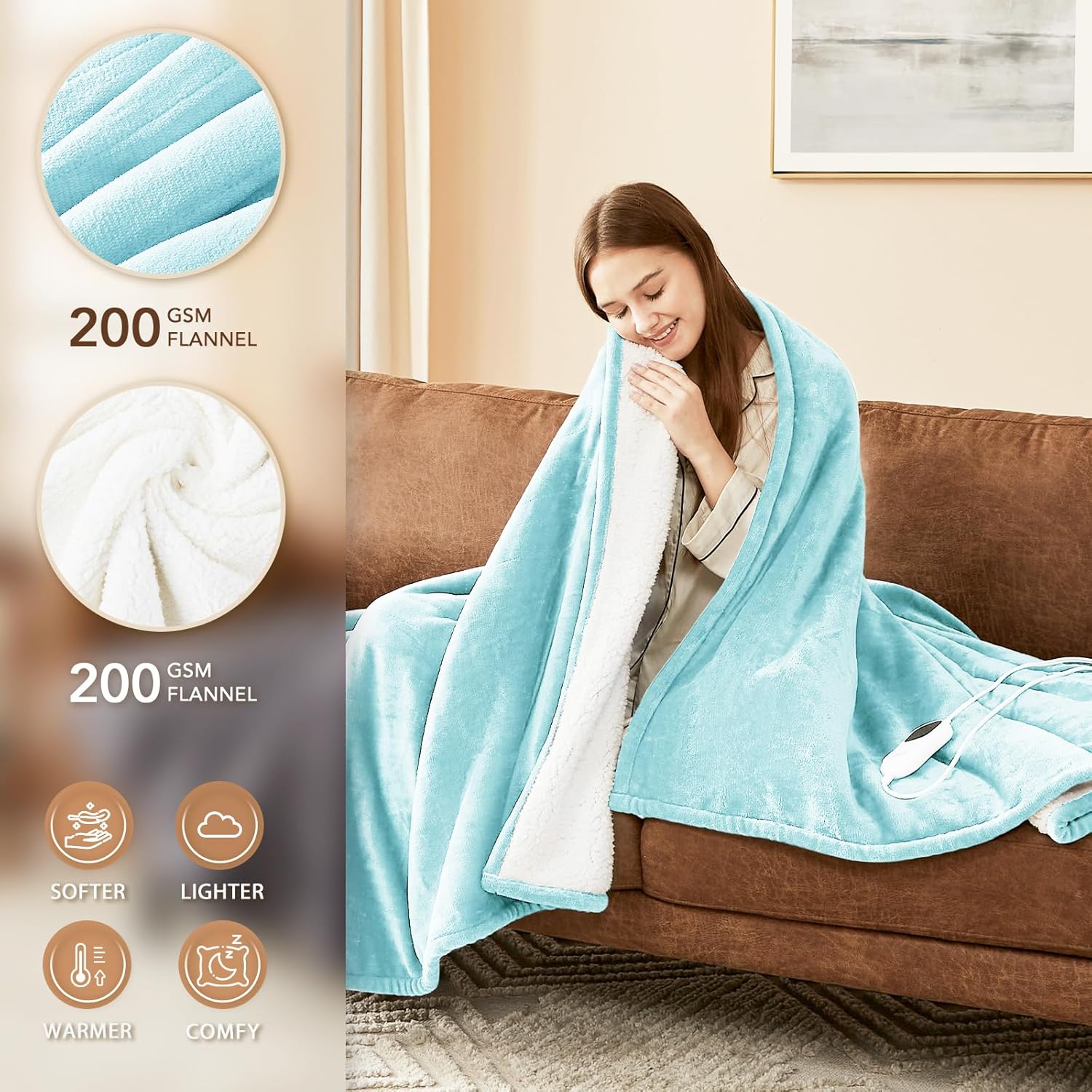 Homemate Electric Heated Blanket Queen Size - 84"x90" Heating Blanket Queen Size Dual Control 1/2/4/6/8 Hours Auto-Off 10 Heat Level Over-Heat Protection Flannel Sherpa ETL Certification