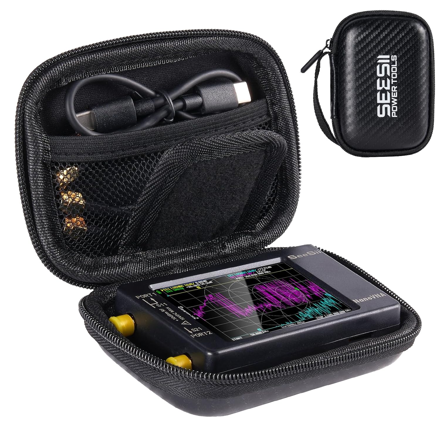Seesii 2.8 Inch Protective Case for NanoVNA-H: Customed EVA Hard Shell Storage Pouch for Nano Vna Antenna Analyzer, Waterproof Shockproof Design with Carry Strap