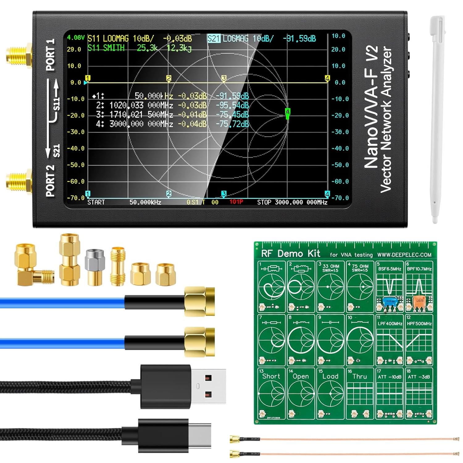 AURSINC Upgraded NanoVNA-F V2 Vector Network Analyzer 50kHz-3GHz with RF Demo Tester Board, 4.3inch with 5000mAh, Measuring S-Parameters VoltagSWR, Phase, Delay, Smith Chart, RTC Realtime