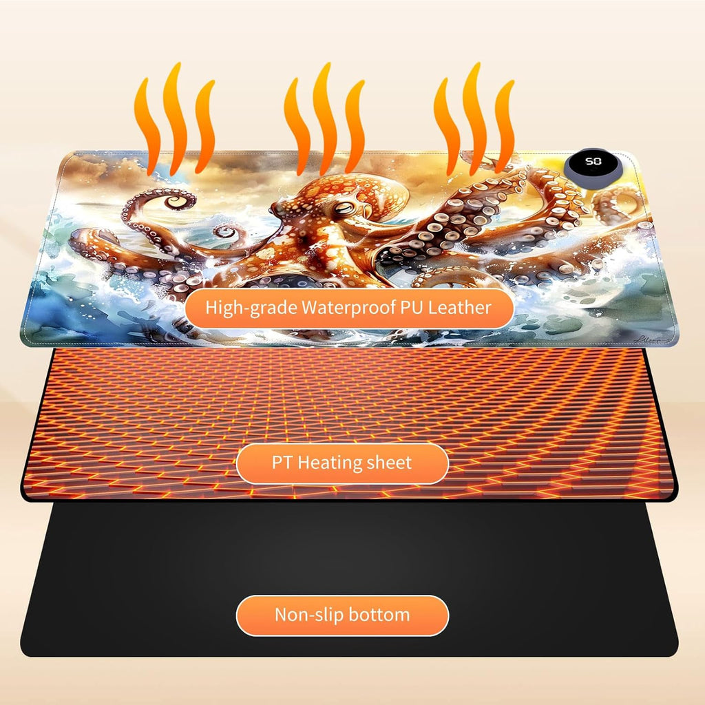 Heated Mouse Pad for Desk 31.5" x 13" – PU Leather Warm Desk Pad with 3 Heat Levels (104°F/113°F/122°F), Plug-in Electric Heating Mat with Auto Shut-Off, Waterproof & Rollable, Ocean Octopus