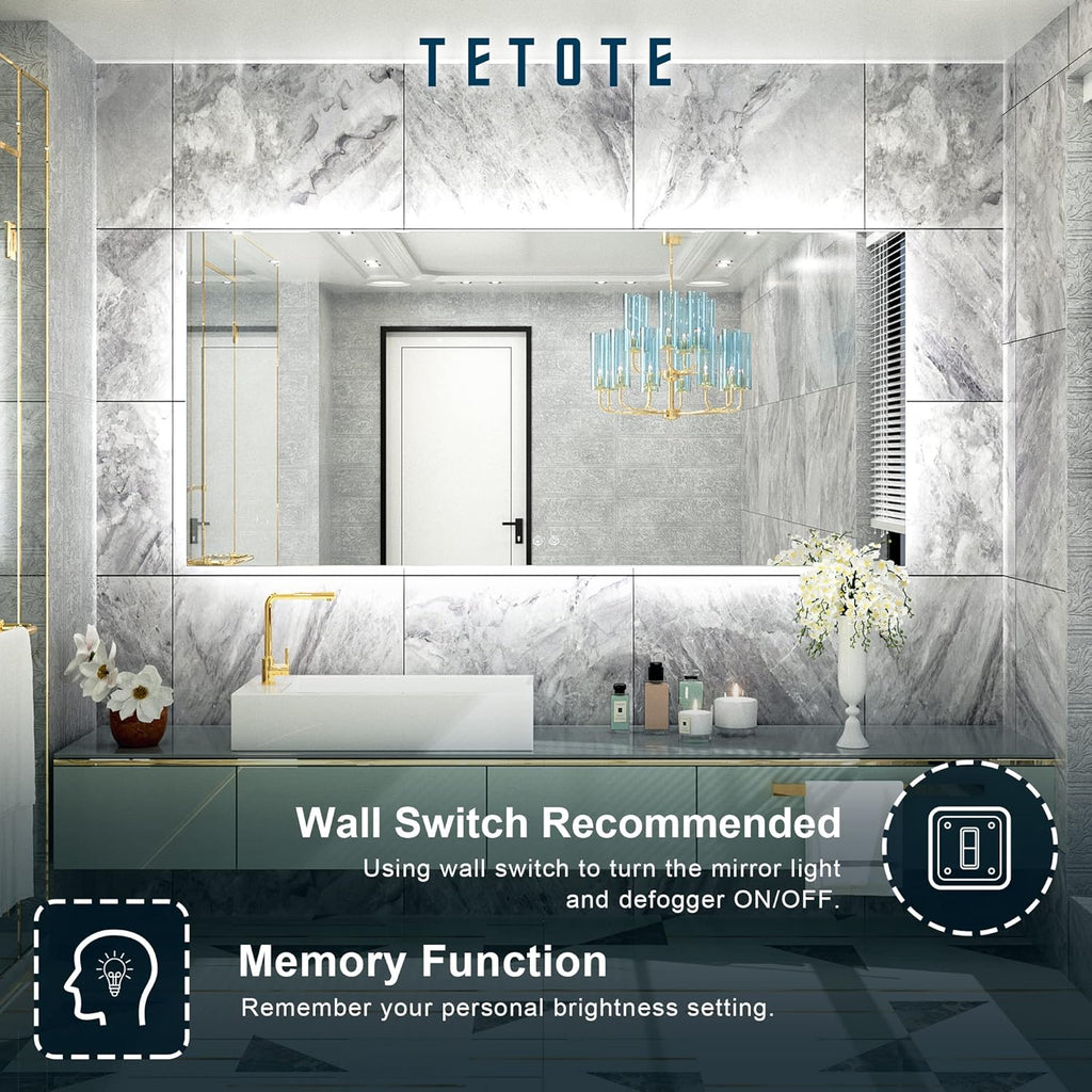 TETOTE 60 x 28 Inch LED Backlit Mirror with Light Bathroom Vanity Lighted Mirror,Anti-Fog,Dimmalbe,CRI90+,Waterproof,Wall Mounted