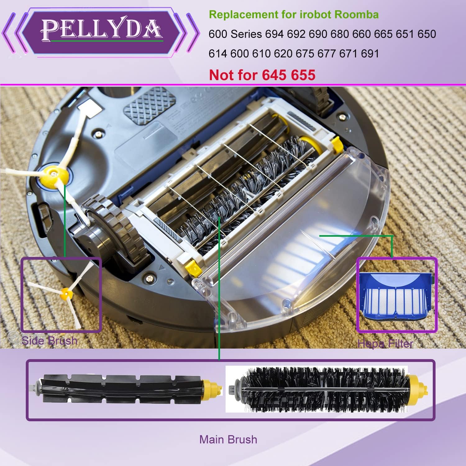 Replacement Parts for IRobot Roomba 600 &500 Series 694 692 690 680 660 665 651 650 614 595 585 564 Vacuum,Accessories Kit 3 Filter,3 Side Brush,1 Pairs Bristle and Flexible Beater Brush