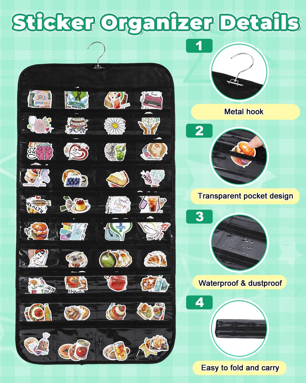 UCEC 2PCS Hanging Sticker Organizer Display Stand Double Sided 80 Pocket Hanging Sticker Chart with Clear Pockets, Wall Sticker Holder for Vendors, Jewelry Organizers and Storage (Black)