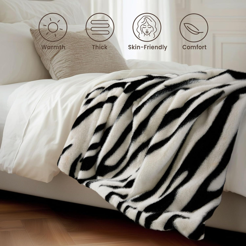 Luxury Faux Fur Heated Blanket Electric Throw - Zebra Print Ultra Soft Thick Warm Heated Blanket, 6 Heating Levels & 12 Hours Auto-Off, ETL Certified, Washable, Luxurious Gifts, 50''x60''