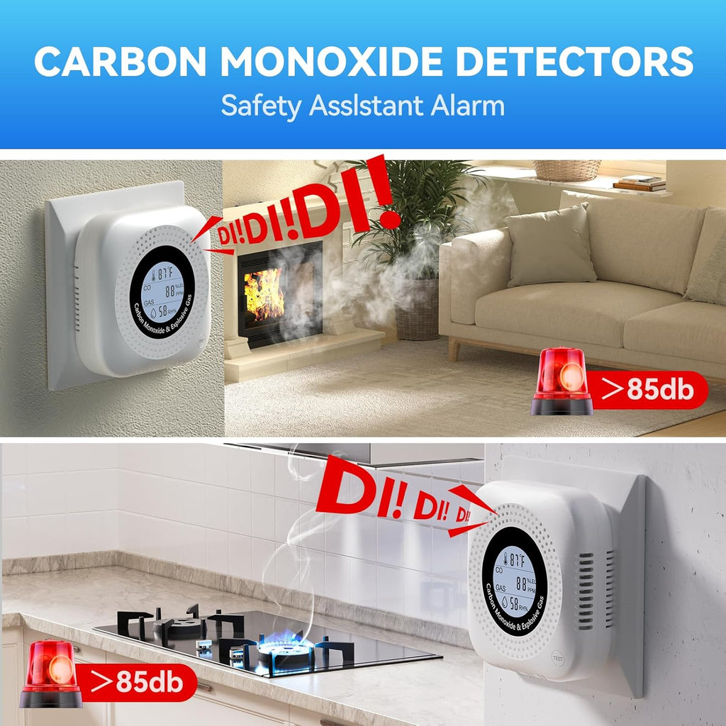 4-in-1 Natural Gas Detector and Carbon Monoxide Detectors(Plug in Used for one Carbon Methane Propane Alarms with Temperature and Humidity Monitors, Suitable for Kitchens, RVs, garages, Hotels White