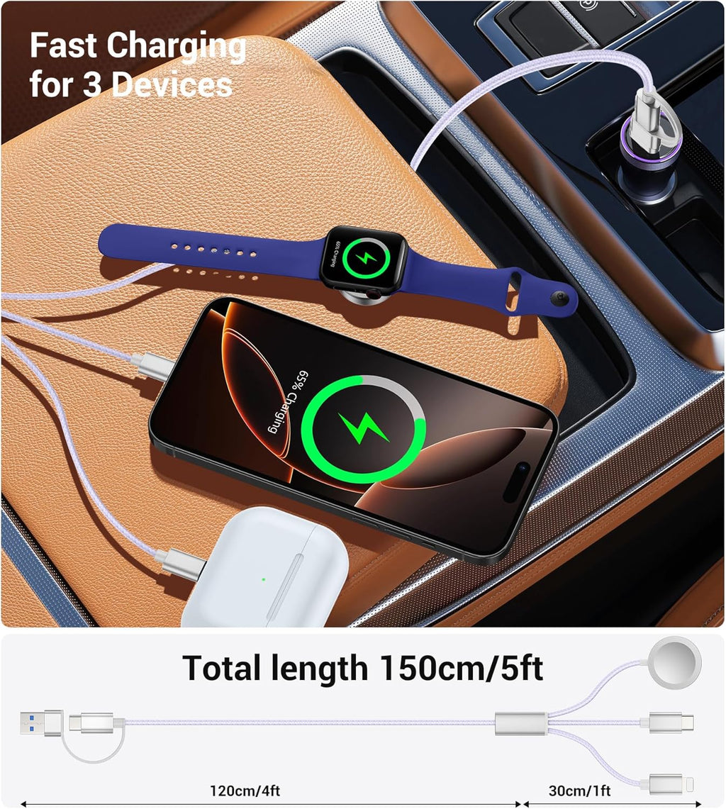 Temdan 2Pack for Apple Watch Charger, 3 in 2 Multi Charging Cable, iPhone Charger, USB A/Type C/Lightning Cable, Portable Travel Essentials Designed for iWatch Ultra/SE/11-1 & iPhone 17-12/ iPad-5Ft