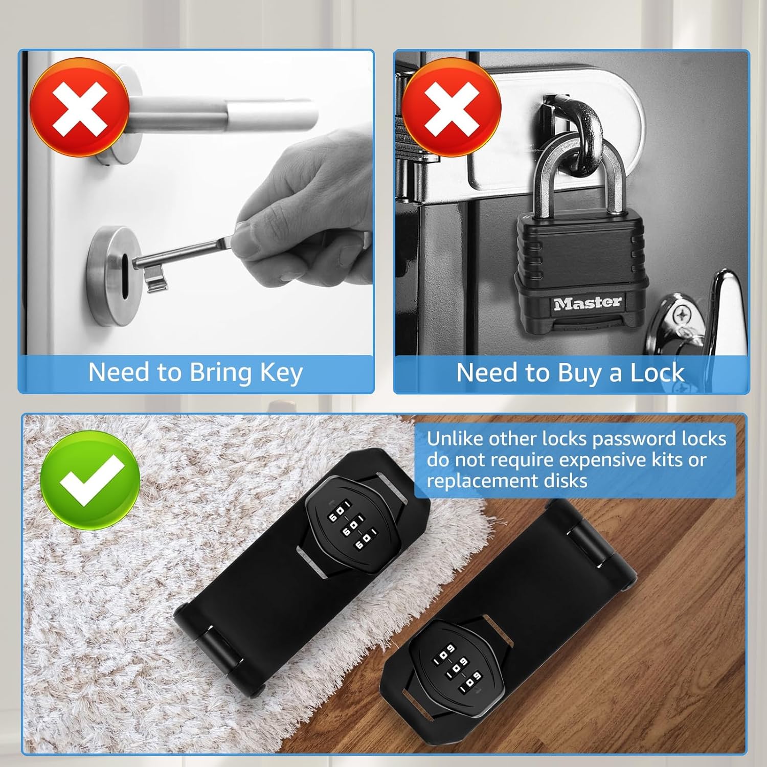 Mechanical Password Rotary Hasp Locks, 3 Digit Keyless Combination Lock for Cabinet Doors, Door Security Slide Latch Lock for Cabinets, Gate Locks for Barn Door, Bathroom, Outdoor