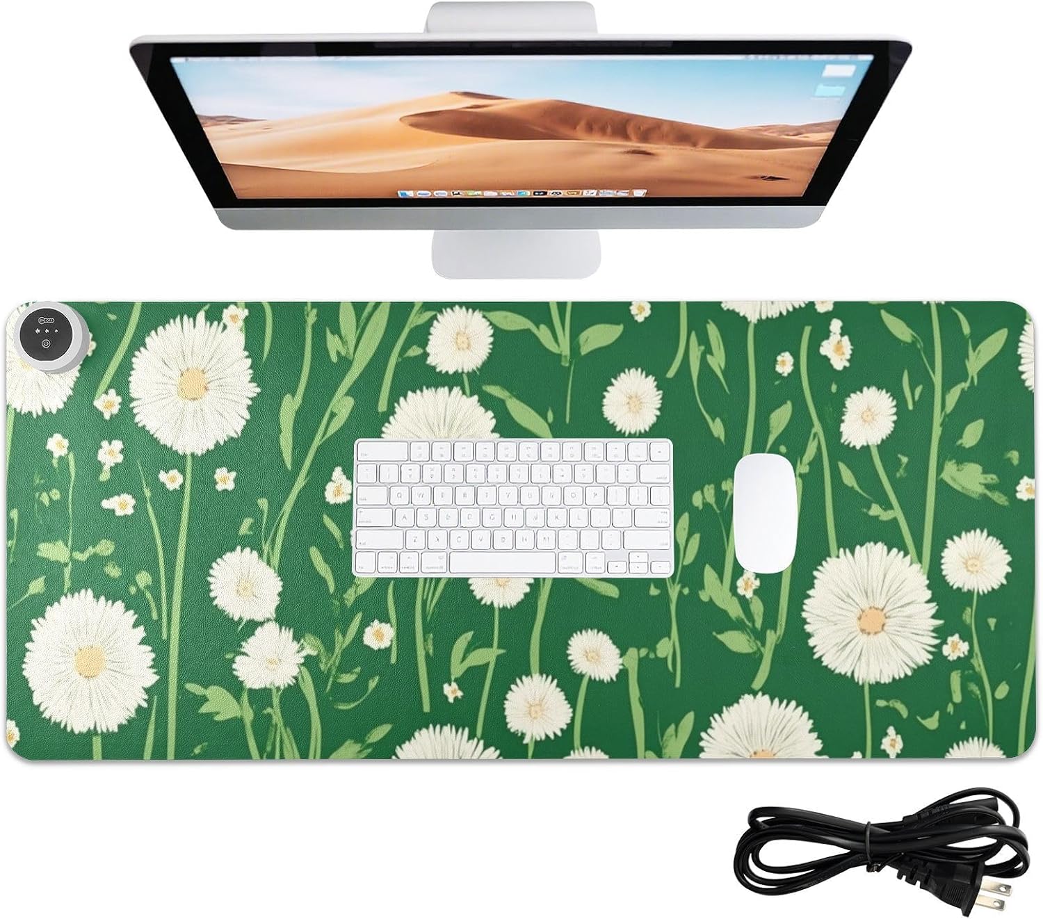 Heated Desk Pad Mouse Pad 31.5x13 Inch PU Leather Desk Mat with 3 Heat Levels Large Mouse Gaming Computer Laptop Mat Green Dandelion and Daisy