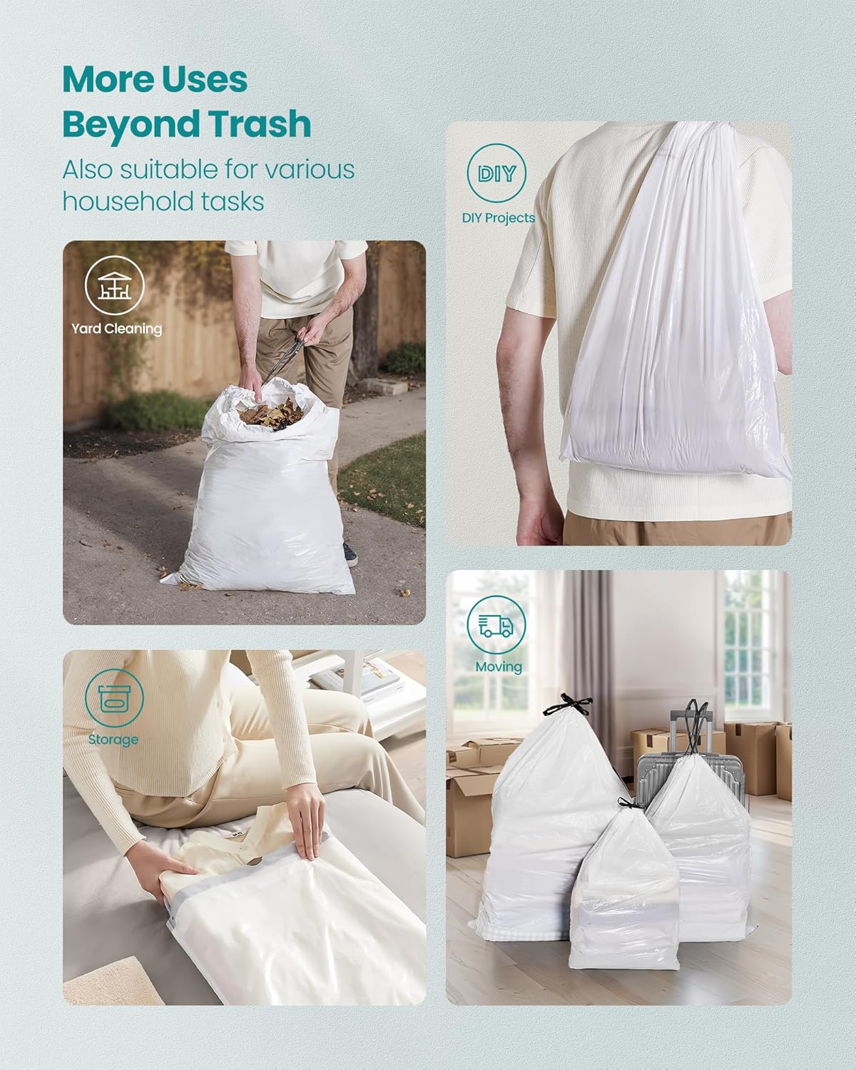 SONGMICS Trash Bags for 2.6-Gallon (10 L) Trash Cans, Drawstring Kitchen Garbage Bags, Pre-Separated, Quick-Dispense Box, Liner Code R, 2 Rolls, 80 Count, White UKRB011A02
