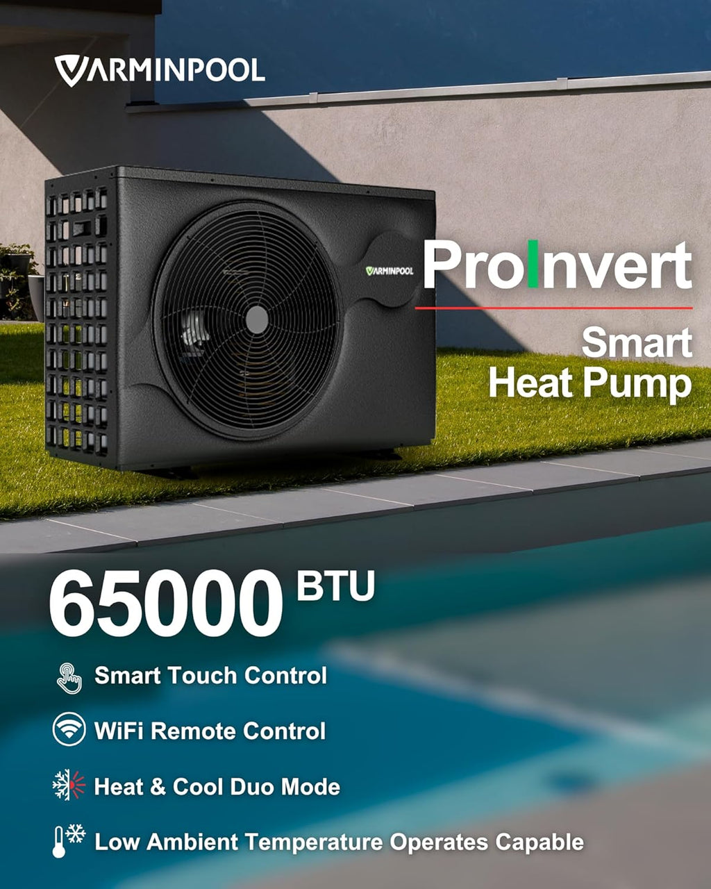 65000BTU Pro Invert Smart Pool Heat Pump for Above Ground and Inground Pools up to 20000 Gals, WiFi Capable and Timer Function Controller Electric Pool Heater, Heating & Cooling, 220V