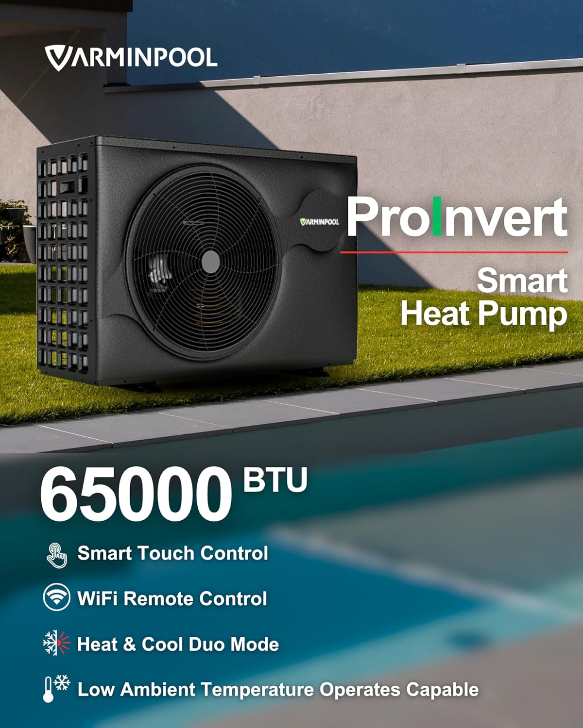 65000BTU Pro Invert Smart Pool Heat Pump for Above Ground and Inground Pools up to 20000 Gals, WiFi Capable and Timer Function Controller Electric Pool Heater, Heating & Cooling, 220V