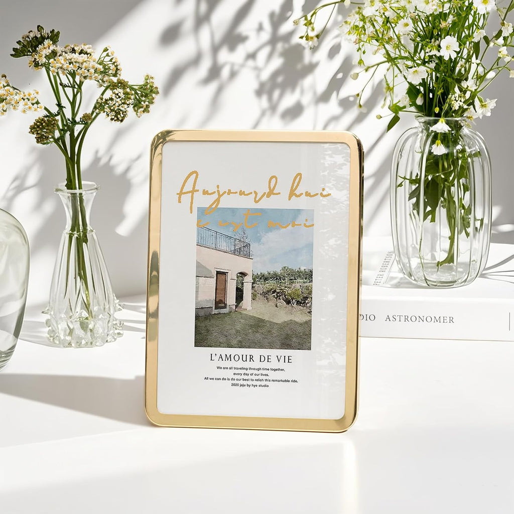 Axeman 5x7 Picture Frame-Metal Rounded Corner Frame 5x7, 5''x7''Photo Frame with Tempered Glass,Tabletop and Wall Display, One-Piece 5 By 7 Metal Picture Frame for images, Gold