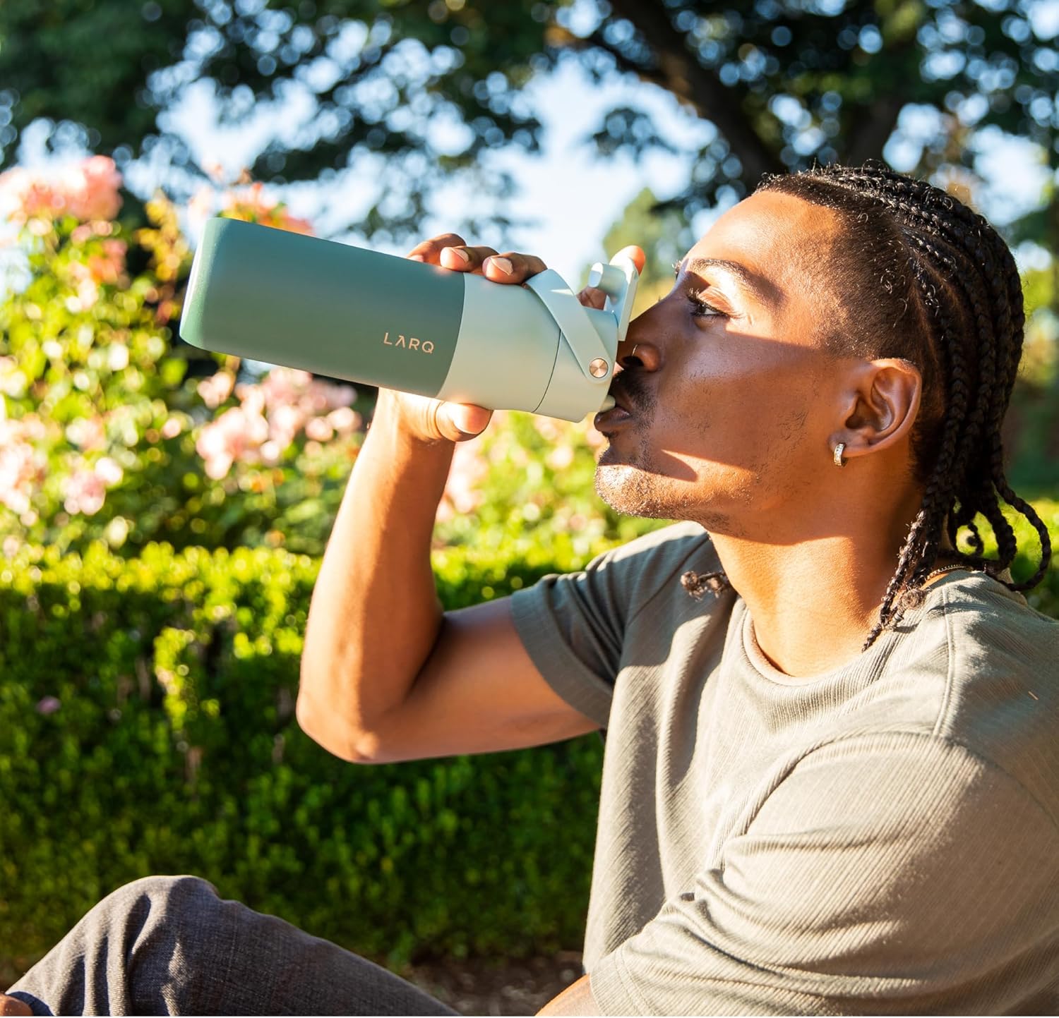 LARQ Bottle Swig Top 34oz - Insulated Stainless Steel Water Bottle With Built-In Silicone Handle | BPA Free | Reusable Water Bottle for Sports, Gym, and Travel, Eucalyptus Green