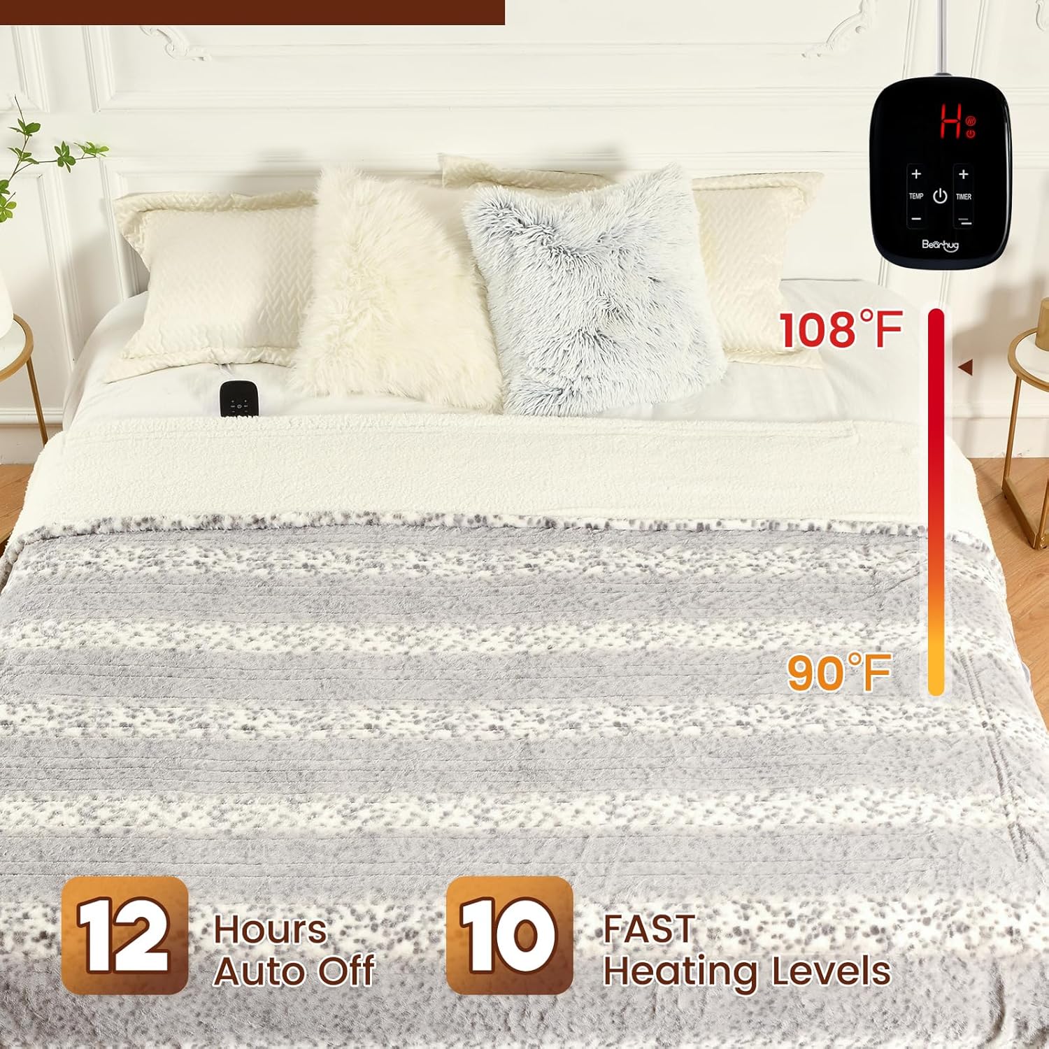 Bearhug Electric Blanket Heated Blanket Full Size 77"x 84" Warm Heating Blanket Gift Reversible Faux Fur & Sherpa 10 Heating Levels & 1-12H Auto Off, Machine Washable, Over-Heat Protect, ETL Certified