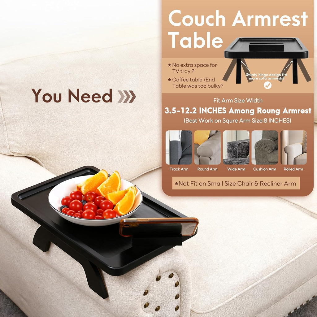 SINWANT Couch Arm Table, Bamboo Clip On Side Table Tray,Foldable Sofa Arm Tray with 360° Phone Holder for Eating Drinking Snacks Remote on Chair Armrest