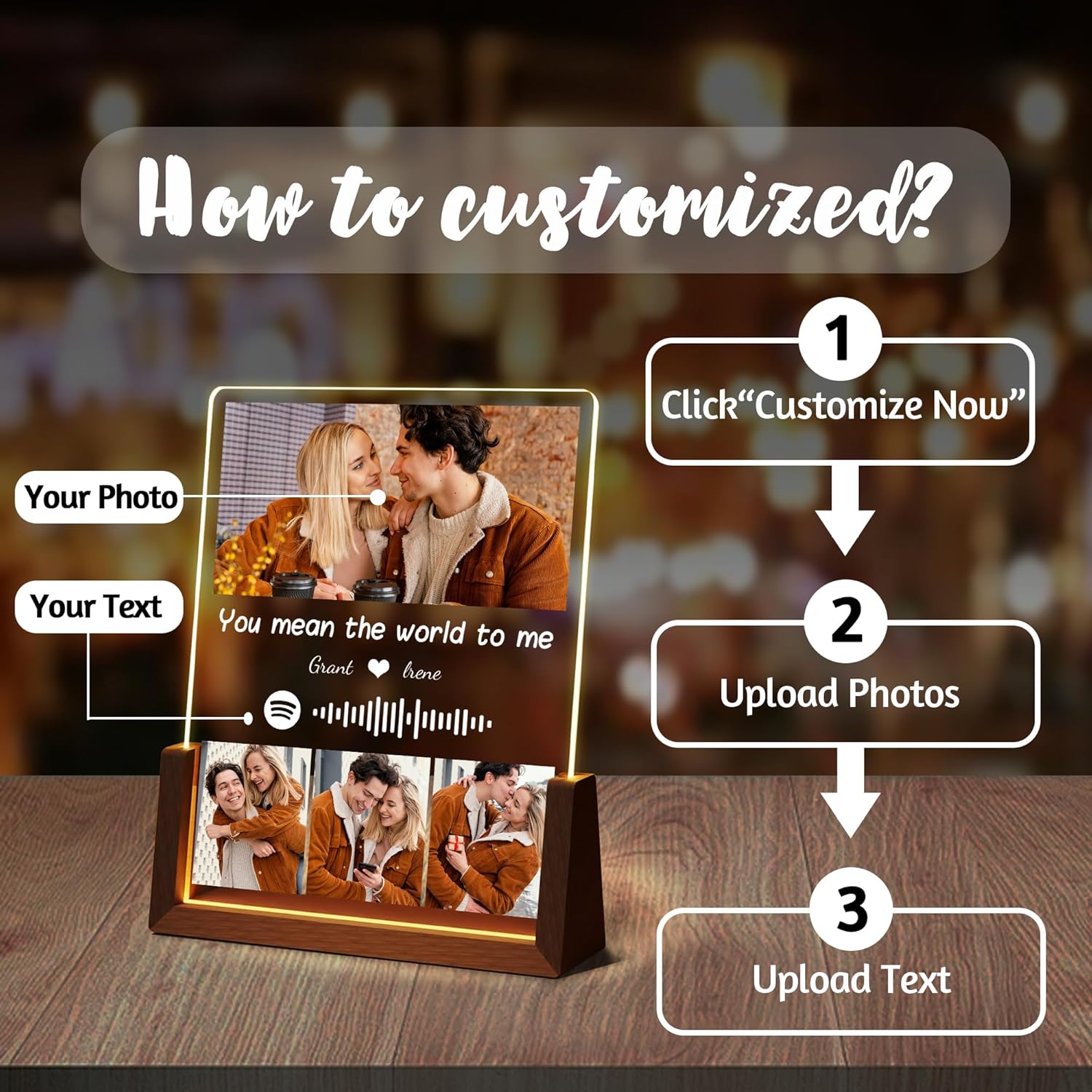 Personalized Couple Birthday Gifts For Boyfriend Girlfriend Him Her, Custom Acrylic Spotify Plaque With Photo Name, Customized Light Up Picture Frame, Anniversary Christmas Gifts For Women Men