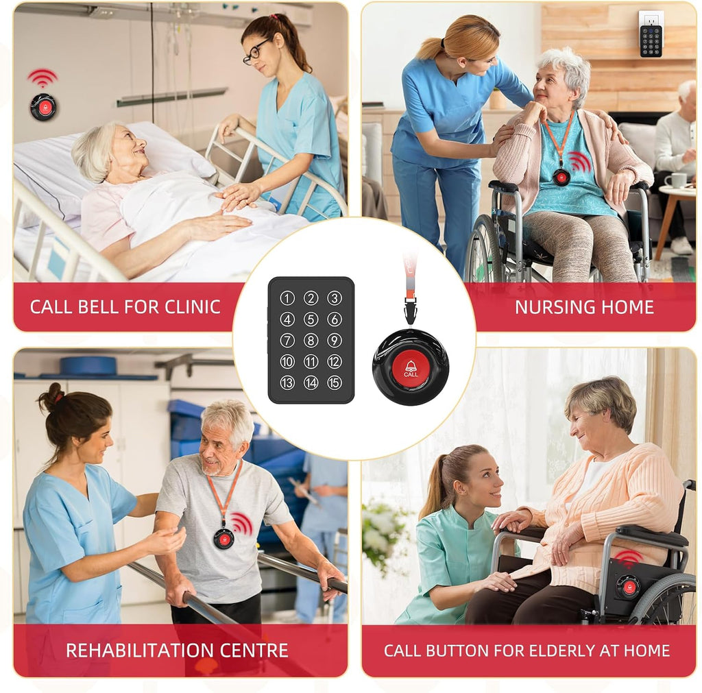 CallToU Wireless Caregiver Pager Nurse Call Button for Elderly LED Call Light Nurse Alert System Call Bell for Patients at Home Clinic/Medical Institution/Nursing Home (15 Call Button + 2 Receiver)