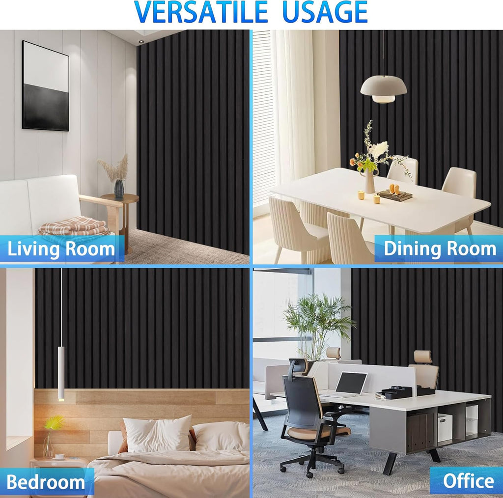 3D Slat Acoustic Wall Panels with Wood Finish Accent, 4 Pack Sound Absorbing Paneling for Studio, Office, Living Room, Bedroom Interior Decor (Matte Black, 48''L x 24''W)
