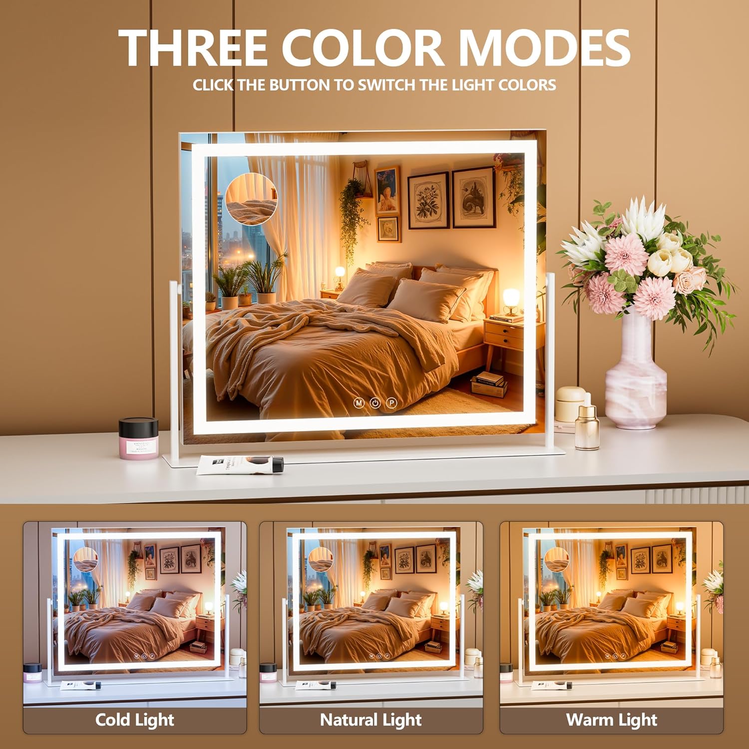 Vanity Mirror with Lights, 26'' x 22'' Lighted Makeup Mirror, Touch Screen with 3-Color Lighting, Dimmable for Vanity Desk Tabletop Square White