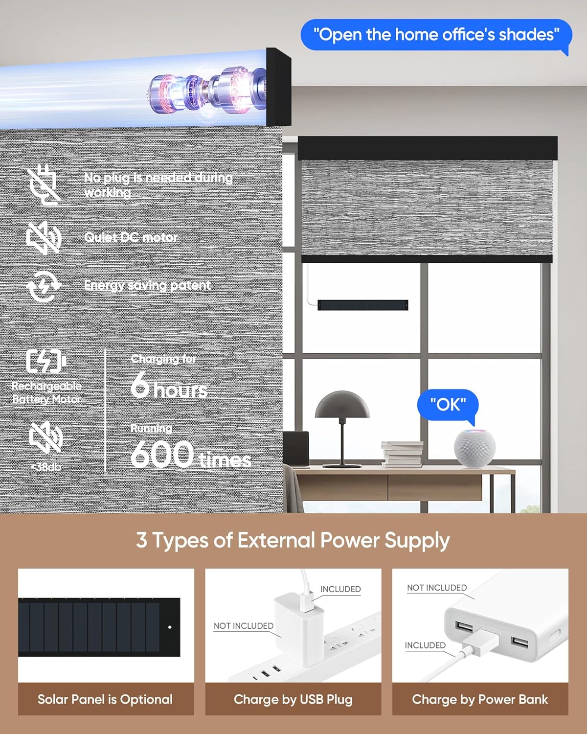 Kincmo Motorized Blinds with Remote,100% Blackout Motorized Roller Shades Work with Apple Homekit,Alexa,Google, Custom Electric Blinds with App,Voice Control (Dreamy Dark Grey)