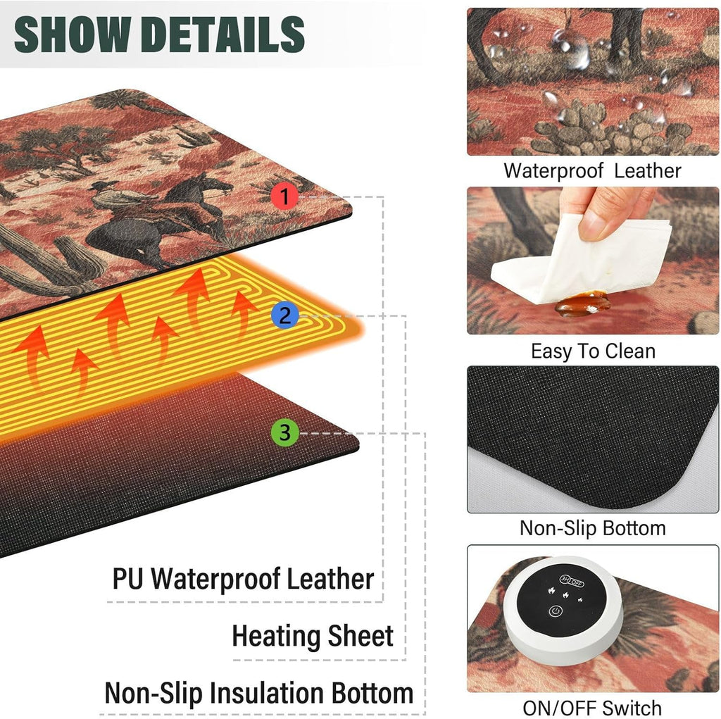 Heated Desk Pad Mouse Pad 31.5x13 Inch PU Leather Desk Mat with 3 Heat Levels Large Mouse Gaming Computer Laptop Mat Cowboys Horses Cactus Desert