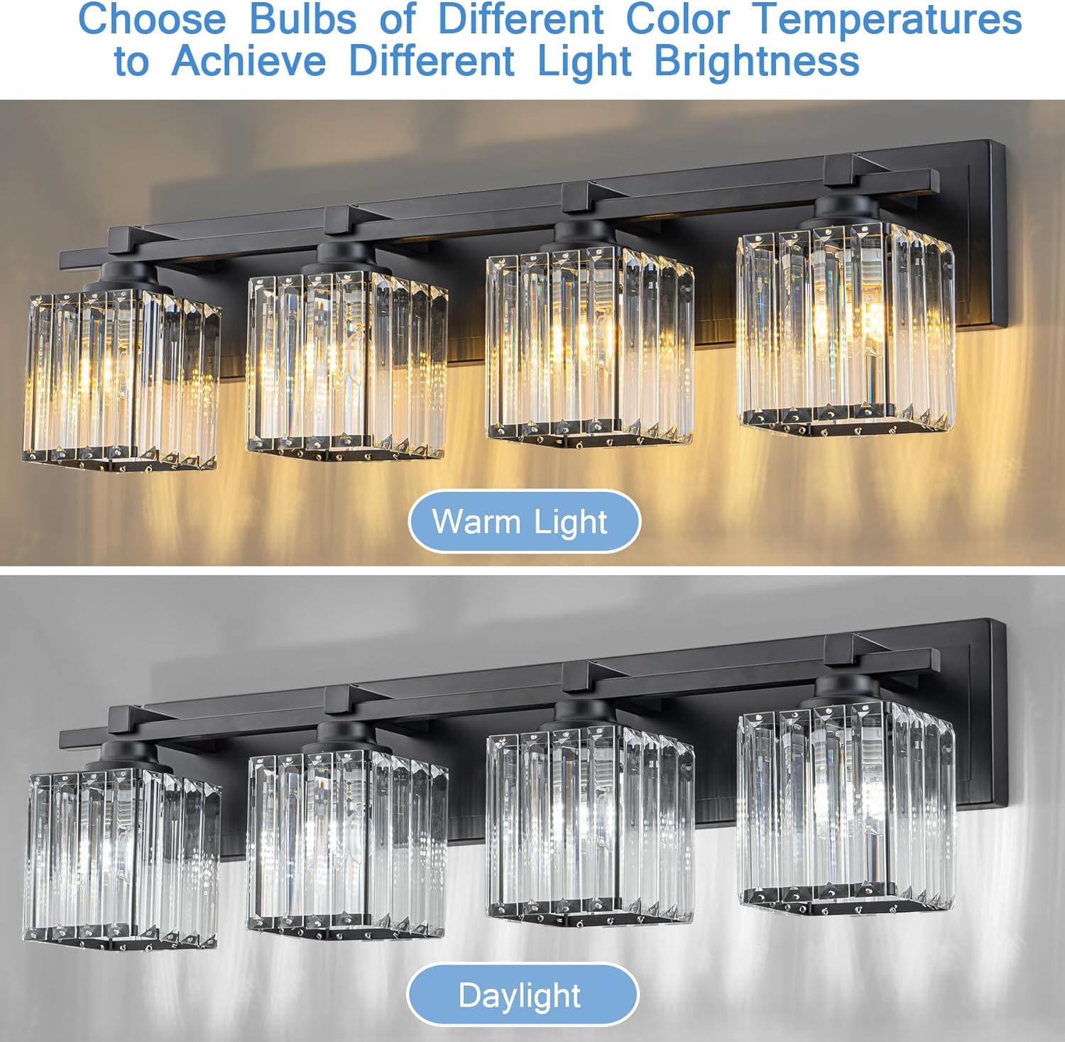 Crystal Bathroom Light Fixtures, 4 Light Black Vanity Lighting Over Mirror with Crystal Shades, Modern Bathroom Vanity Light for Restroom, Bath, Cabinet and Powder Room