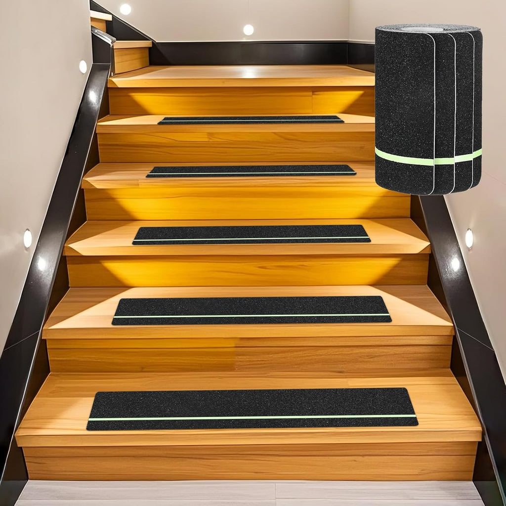 10-Pack Anti Slip Traction Tape 30" x 6" Best Grip Tape Grit with 6mm/0.24" Glow in Dark Stripe High Traction Friction Abrasive Adhesive for Indoor/Outdoor Stairs[Black+Green]