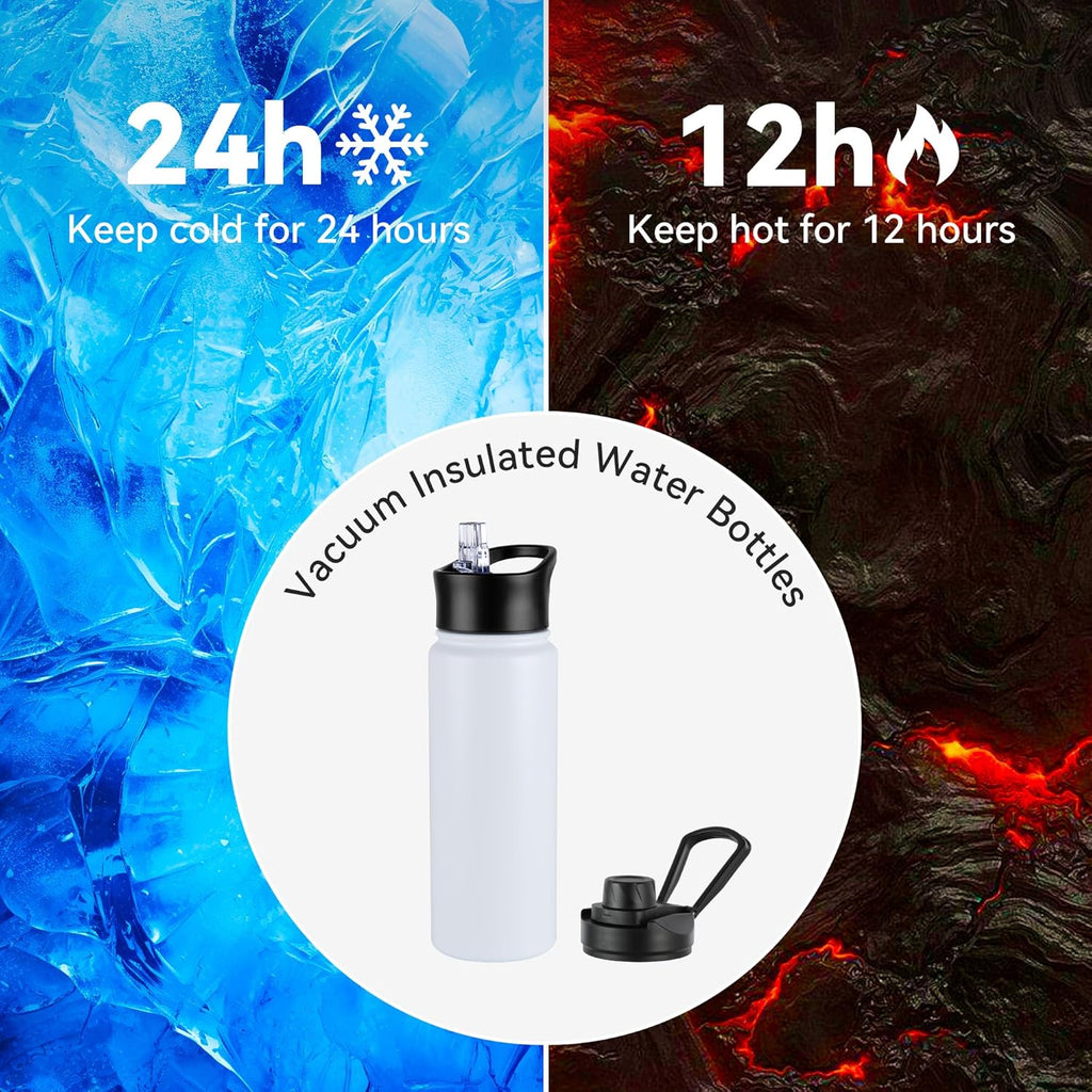 24oz Insulated Water Bottle with Straw Lid, Stainless Steel Metal Water Bottle with Straw & Wide Mouth Lid, Double Wall Vacuum Water Bottle for Hiking Camping, White 4 Pack