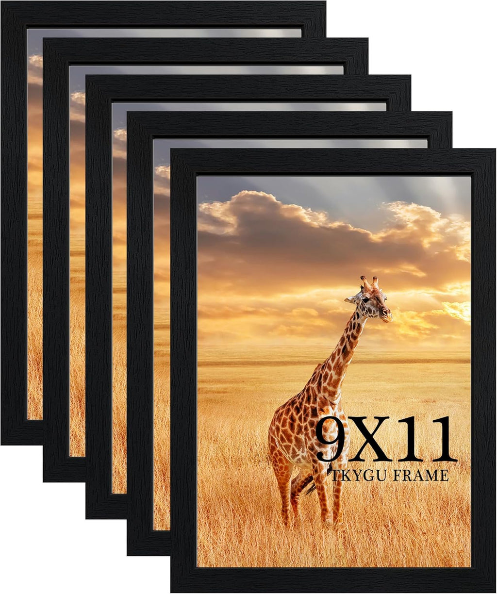 9 x 11 Picture Frame Set of 5, Poster Photo frame, Horizontal and Vertical Formats for Wall or Tabletop, 9 x 11 Black Wooden Frame with Shatter Resistant Plexiglass, best gift