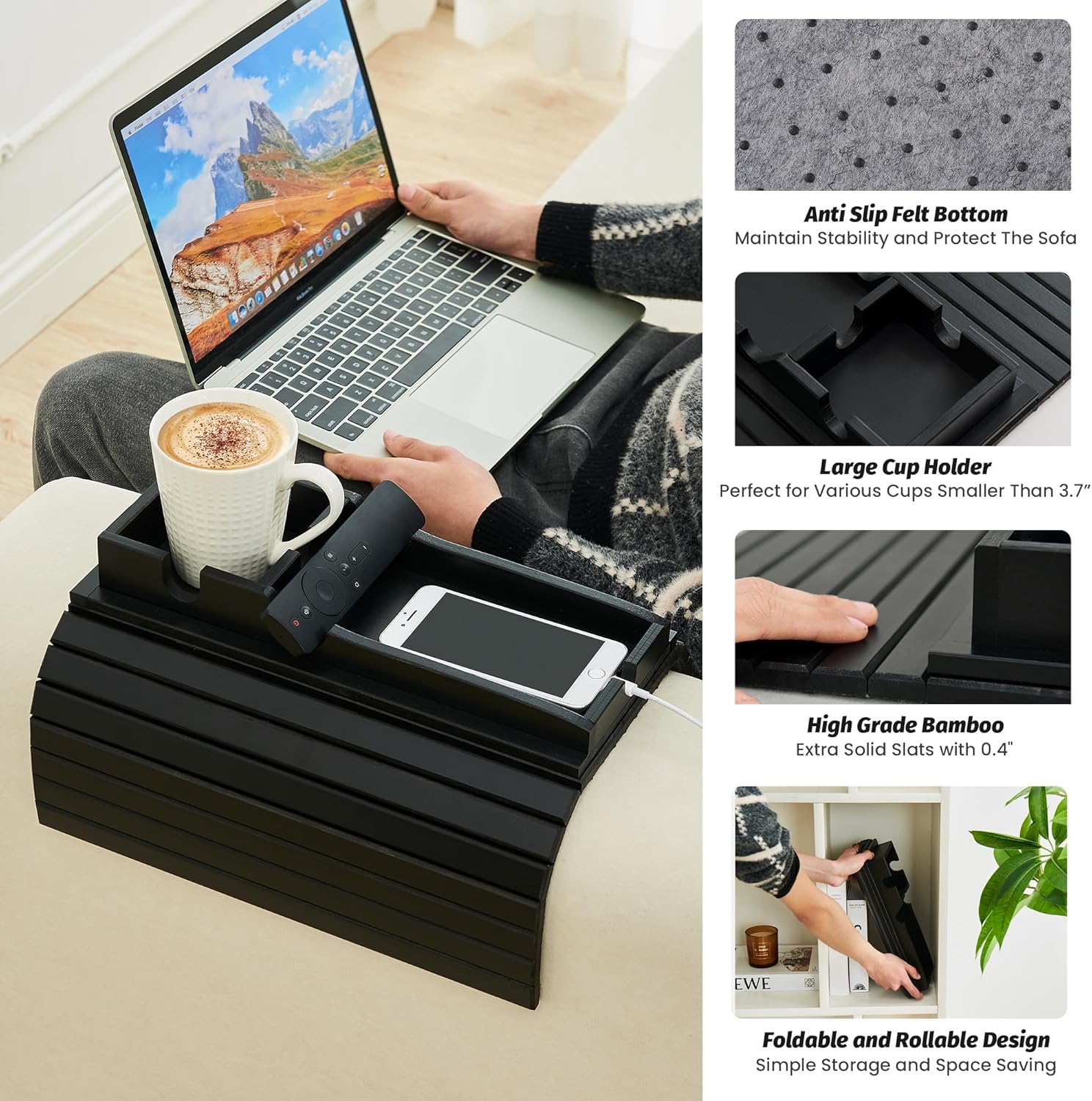 GEHE Detachable Couch Cup Holder, Anti Falling Sofa Arm Tray, Natural Bamboo Sofa Cup Holder More Safe for You Family, Portable Couch Arm Tray Armrest Table for Remote, Snacks, Phone, Drinks