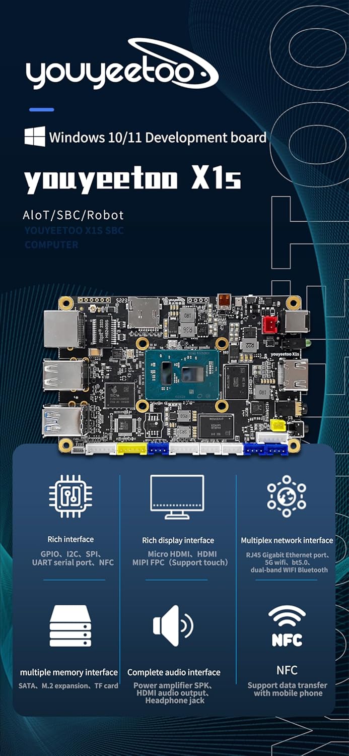 WayPonDEV youyeetoo X1s X86 Single Board Computer - A 64bit Windows 10/11/Linux Mini PC with Celeron N5095 CPU, Support Optional WiFi&BT NFC, PCIe3.0 M.2 2280 NVMe or SATA SSD (X1s 16+0GB)