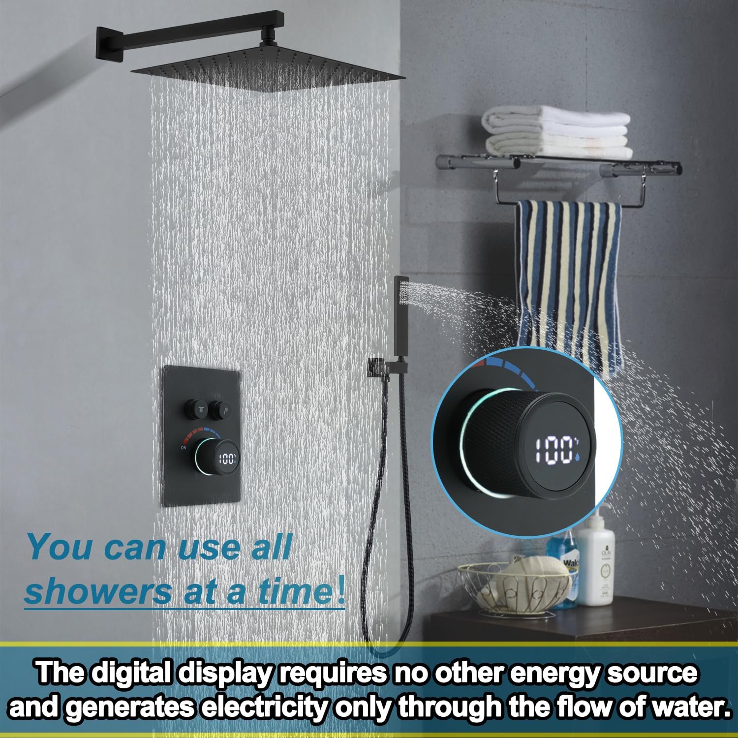 Digital Display Shower Valve Shower Valve 2 Way Shower Diverter Valve Shower Mixing Valve Can Use All the Time Matte Black
