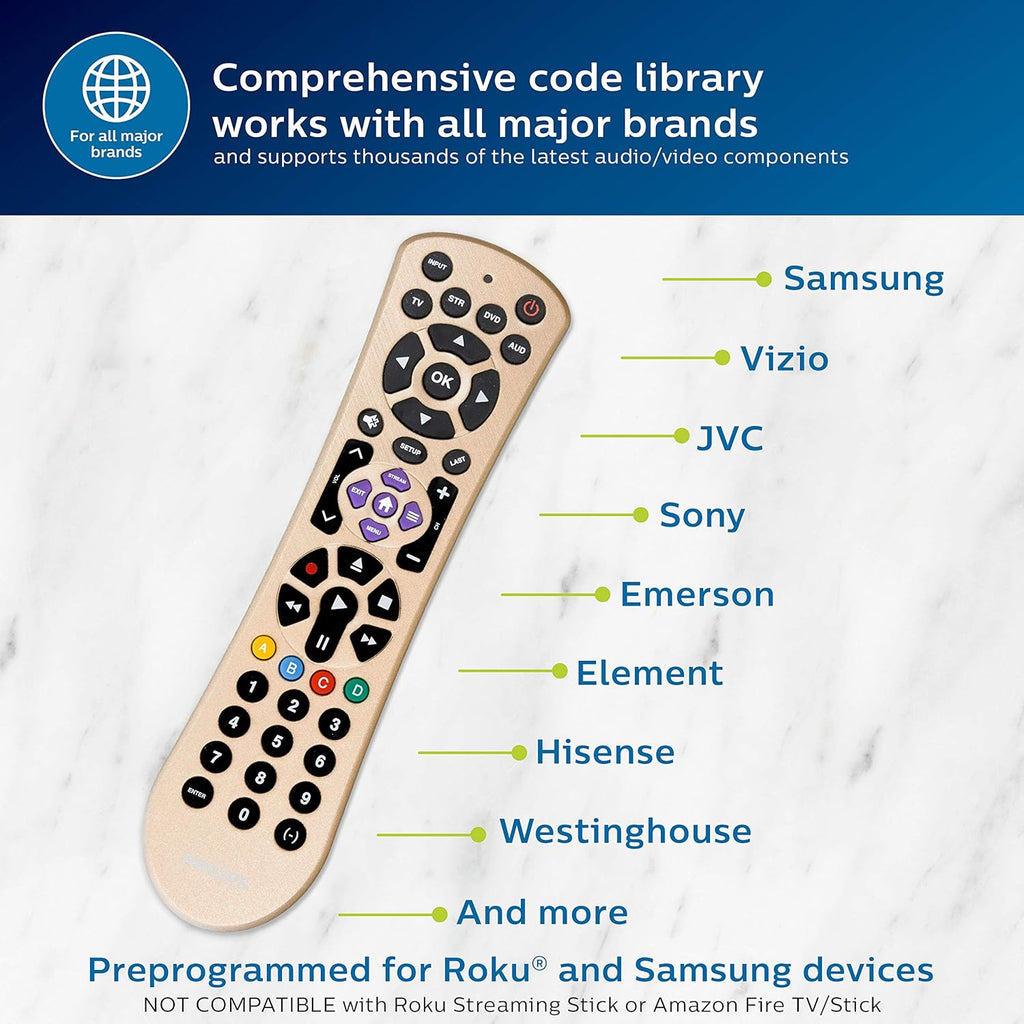 Philips Universal Remote Control Replacement for Samsung, Vizio, LG, Sony, Sharp, Roku, Apple TV, RCA, Panasonic, Smart TVs, Streaming Players, Blu-ray, DVD, Simple Setup, 4 Device, Gold, SRP2014C/27