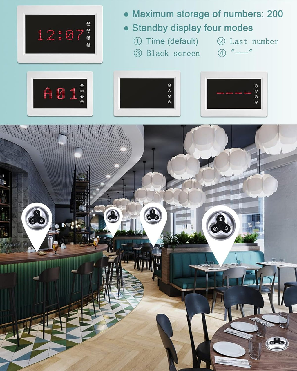 Wireless Calling System Call Waiter Restaurant Pager System with 1 Number Display and 10 3-Key Waterproof Call Buttons for Restaurant Bar Cafe Customer Service
