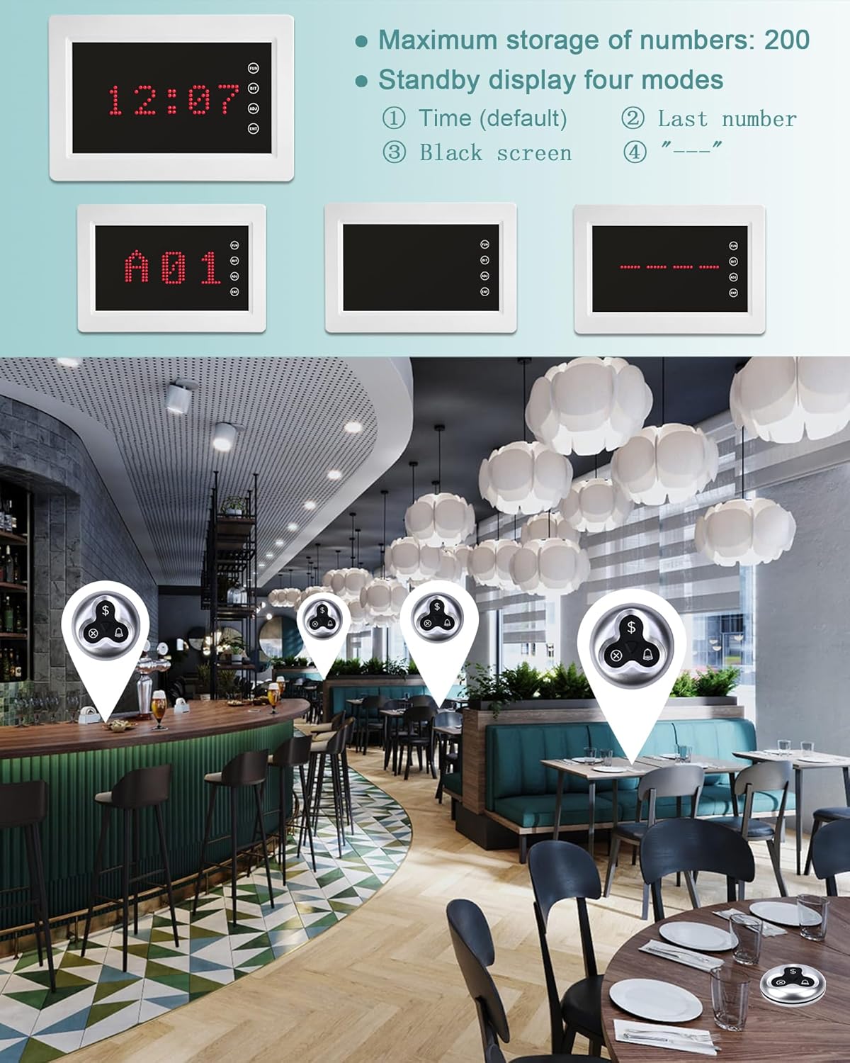 Wireless Calling System Call Waiter Restaurant Pager System with 1 Number Display and 10 3-Key Waterproof Call Buttons for Restaurant Bar Cafe Customer Service
